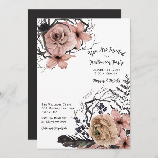Elegant Floral Halloween Party Invitation Kaart (Voorkant / Achterkant)