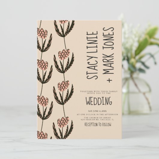 Elegant Floral Hand Drawn Fancy Script Wedding Kaart (Staand voorkant)