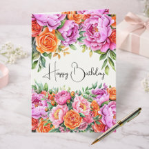 Elegant Floral Happy Birthday Card | Pink Peonies 