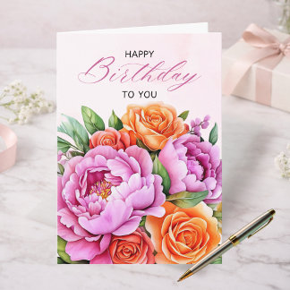 Elegant Floral Happy Birthday Card | Pink Peonies Kaart