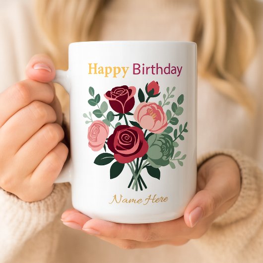 Elegant Floral Happy Birthday Personalized Name  Koffiemok