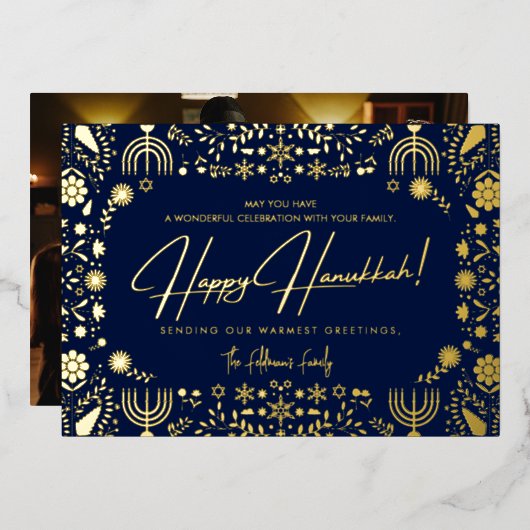 Elegant Floral Happy Hanukkah Family Photo Folie Feestdagenkaart (Voorkant / Achterkant)