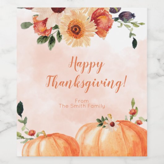 Elegant Floral Happy Thanksgiving Wijn Etiket (Enkel label)