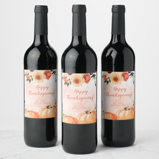 Elegant Floral Happy Thanksgiving Wijn Etiket (Flessen)