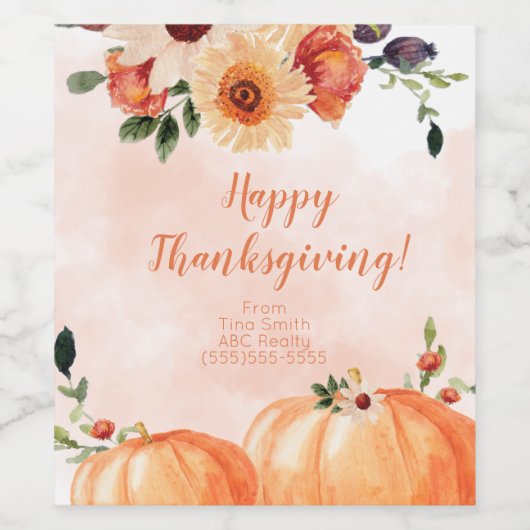 Elegant Floral Happy Thanksgiving Wijn Etiket (Enkel label)