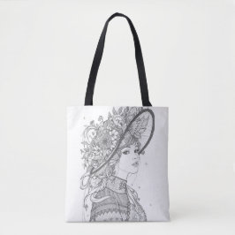 Elegant Floral Hat Lady Ink Sketch Tote Bag