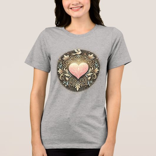 Elegant Floral Heart en Dove Design Tri-Blend Shirt (Voorkant)