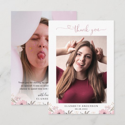 Elegant Floral Heart Script 2 Foto Hartelijk dank Bedankkaart (Voorkant / Achterkant)