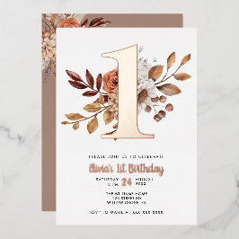 Elegant Floral Herfst 1e verjaardag Folie Uitnodig Uitnodiging
