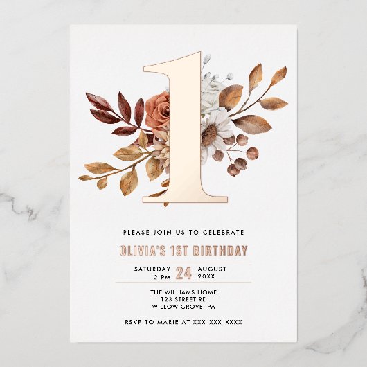 Elegant Floral Herfst 1e verjaardag Folie Uitnodiging (Voorkant)