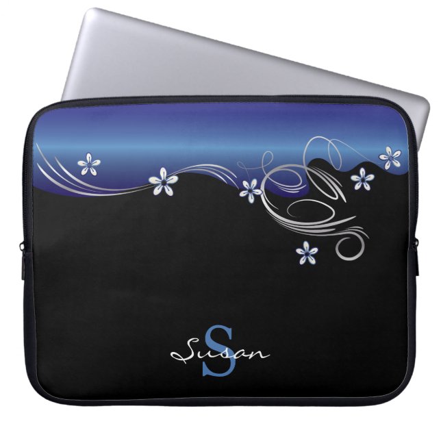 Elegant Floral in Sapphire Blue en Black Laptop Sleeve (Voorkant)