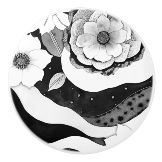 Elegant Floral in zwart-wit Keramische Knop (Voorkant)
