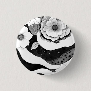 Elegant Floral in zwart-wit Ronde Button 3,2 Cm