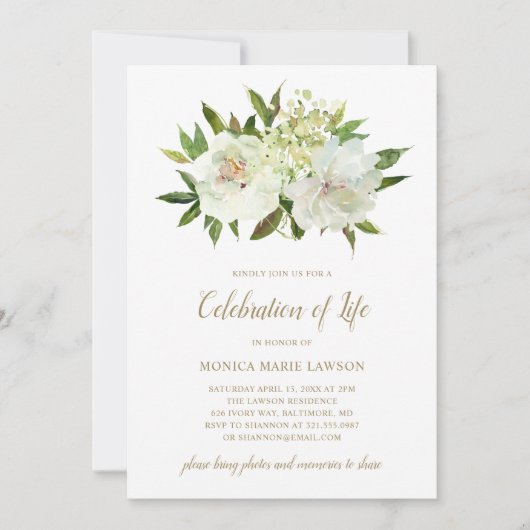 Elegant Floral Ivory Gold Celebration of Life Kaart (Voorkant)