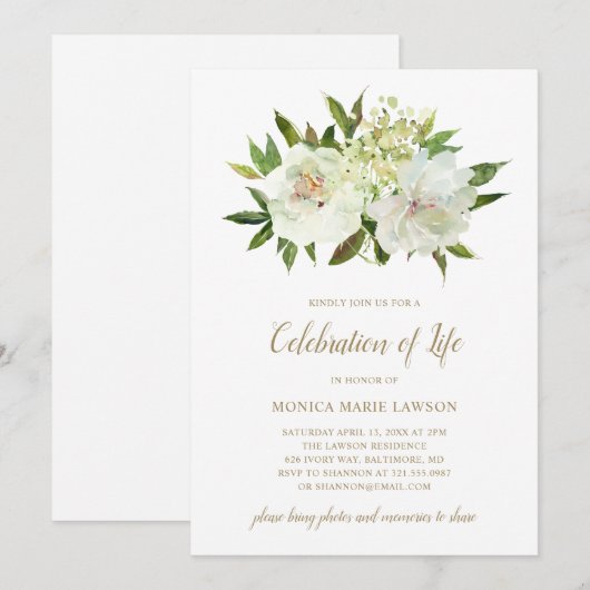 Elegant Floral Ivory Gold Celebration of Life Kaart (Voorkant / Achterkant)
