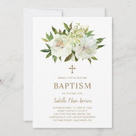 Elegant Floral Ivory Gold Cross Baby Girl Baptisme Kaart