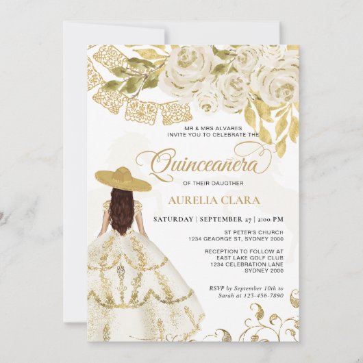 Elegant Floral Ivory Gold Horse Quinceañera Kaart (Voorkant)