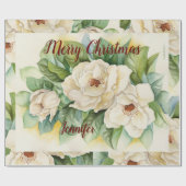 Elegant Floral Kerstmis Magnolia Flowers Red Name Cadeaupapier (Vlak)