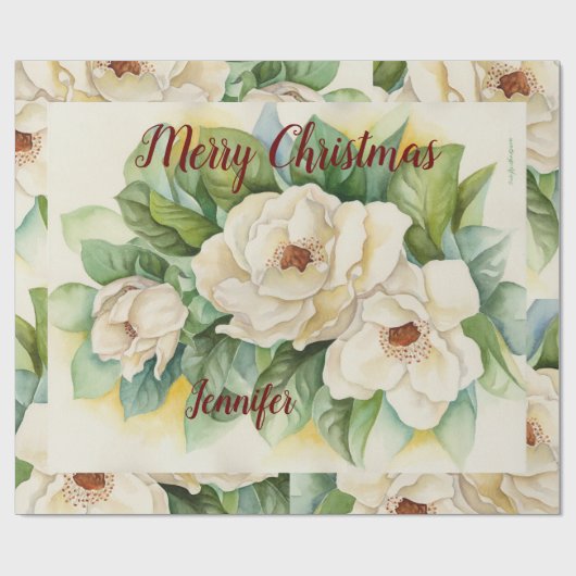 Elegant Floral Kerstmis Magnolia Flowers Red Name Cadeaupapier (Vlak)