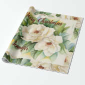 Elegant Floral Kerstmis Magnolia Flowers Red Name Cadeaupapier (Uitgerold)