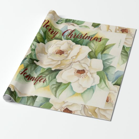 Elegant Floral Kerstmis Magnolia Flowers Red Name Cadeaupapier (Uitgerold)