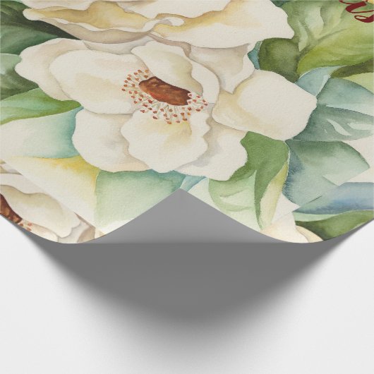 Elegant Floral Kerstmis Magnolia Flowers Red Name Cadeaupapier (Hoek)