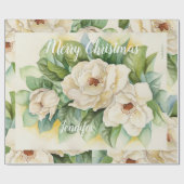 Elegant Floral Kerstmis Magnolia White Name  Cadeaupapier (Vlak)