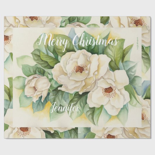 Elegant Floral Kerstmis Magnolia White Name  Cadeaupapier (Vlak)