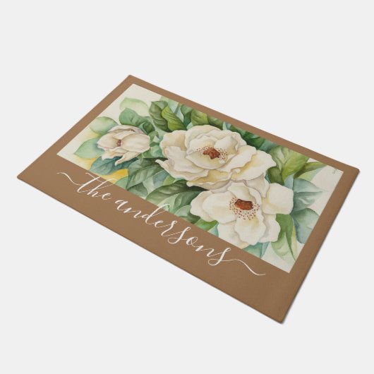 Elegant Floral Khaki Magnolia Flowers Name Script Deurmat (Schuin)
