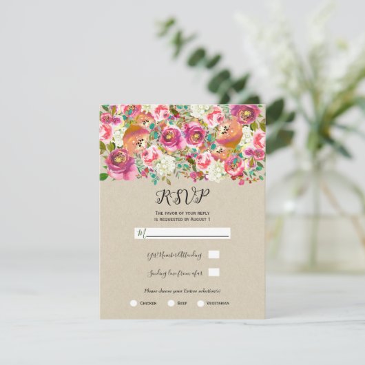 Elegant Floral Kraft Shabby Chic Wedding RSVP Kaart (Staand voorkant)