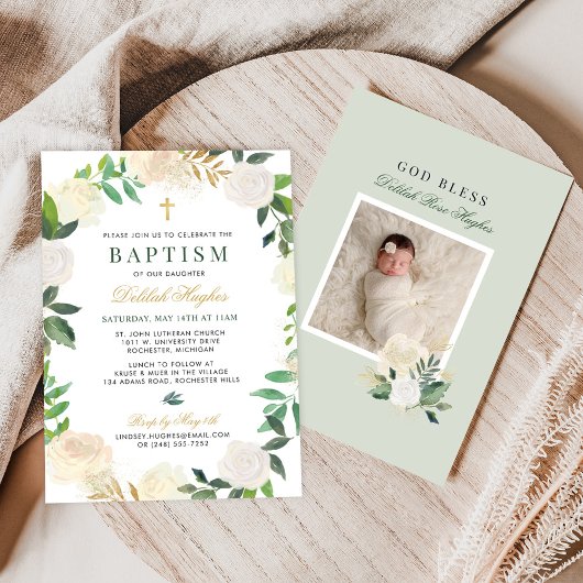 Elegant Floral krans doop baby meisje groen goud Kaart