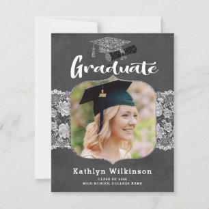 Elegant Floral Lace Chalkboard 4 Foto Afstuderen Kaart