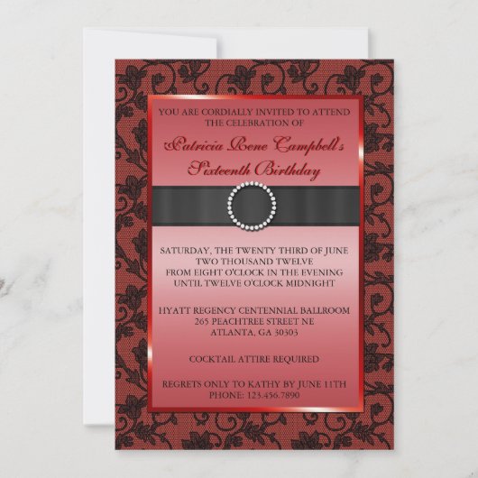 Elegant Floral Lace Invite [Rood] Kaart (Voorkant)