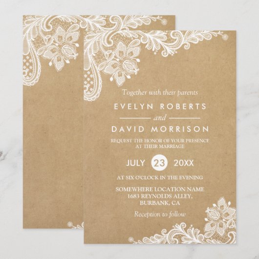 Elegant Floral Lace Pattern Kraft | Formeel huweli Kaart (Voorkant / Achterkant)
