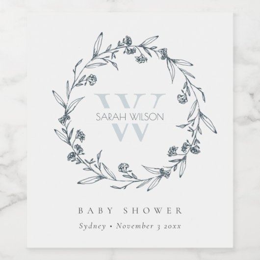 Elegant Floral Laurel Wreath Monogram Baby shower Wijn Etiket (Enkel label)