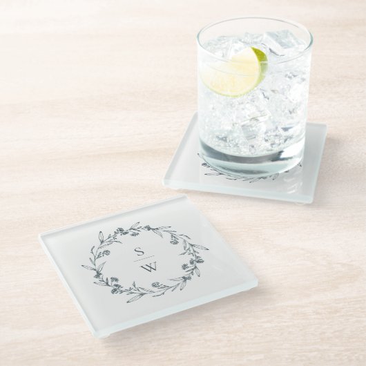 Elegant Floral Laurel Wreath Monogram Wedding Glazen Onderzetter (Schuin)