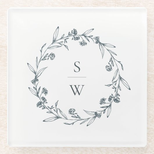 Elegant Floral Laurel Wreath Monogram Wedding Glazen Onderzetter (Voorkant)