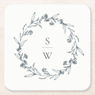 Elegant Floral Laurel Wreath Monogram Wedding Kartonnen Onderzetters