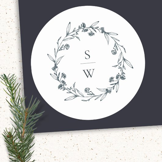 Elegant Floral Laurel Wreath Monogram Wedding Ronde Sticker