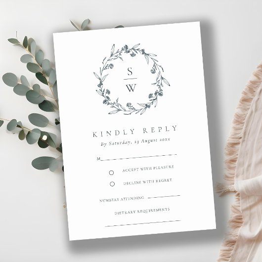 Elegant Floral Laurel Wreath Monogram Wedding RSVP Informatiekaartje