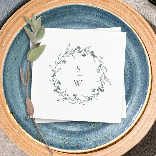 Elegant Floral Laurel Wreath Monogram Wedding Servet