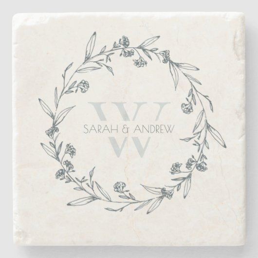 Elegant Floral Laurel Wreath Monogram Wedding Stenen Onderzetter (Voorkant)
