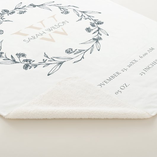 Elegant Floral Laurel Wreator Monogram Baby Stats Sherpa Deken (3/4)