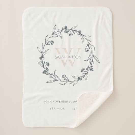 Elegant Floral Laurel Wreator Monogram Baby Stats Sherpa Deken (Voorkant)