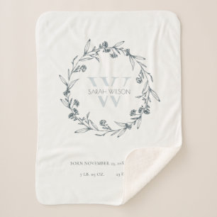 Elegant Floral Laurel Wreator Monogram Baby Stats Sherpa Deken