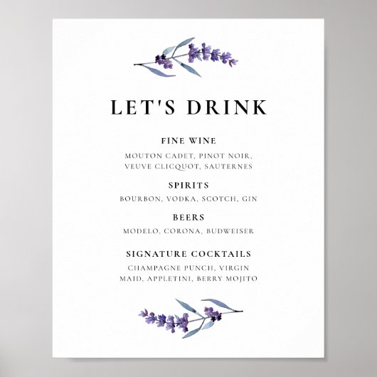 Elegant Floral Lavendel Bar menu Poster (Voorkant)
