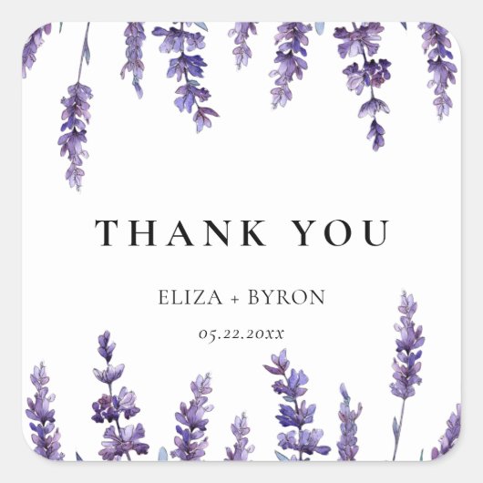 Elegant floral lavender bruiloft bedankt vierkante sticker (Voorkant)