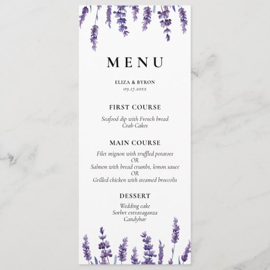 Elegant floral lavender bruiloft menu (Voorkant)