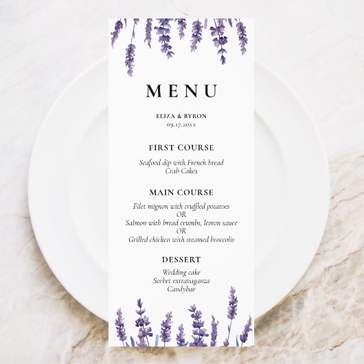 Elegant floral lavender bruiloft menu