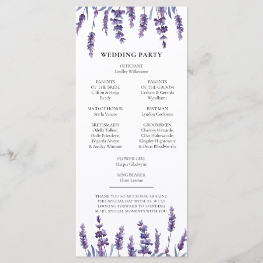 Elegant floral lavender dubbelzijdig huwelijk programmakaart (Achterkant)